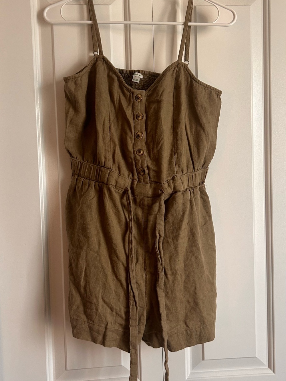 Aerie Women’s Olive Green Button-Front Linen Romper with Tie Waist